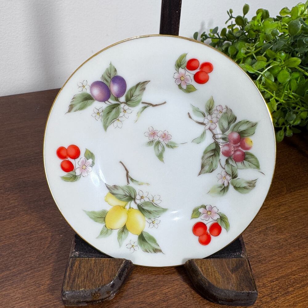 Vintage Andrea by Sadek Mini Fruit Plate 4.5" Lemons Cherries Japan Gold Rim